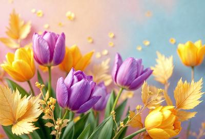 The primary subject of the image is a bouquet of colorful flowers, including purple and yellow tulips. The flowers are arranged in a vase, creating a visually appealing display. The setting is a room with a pink background, which adds a warm and inviting atmosphere to the scene. The visual style of the image is a combination of photo and digital art, resulting in a vibrant and lively representation of the flowers. The colors and mood of the image are predominantly warm and cheerful,
