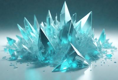The primary subject of the image is a large cluster of blue crystals, possibly glass or ice, arranged in a visually appealing manner. The setting is a white surface, which provides a clean and contrasting backdrop for the crystals. The visual style of the image is a combination of photo and digital art, creating a realistic yet artistic representation of the crystals. The dominant colors in the image are blue and white, giving the scene a cool and serene atmosphere.