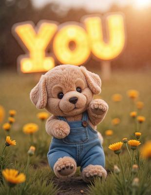 The primary subject of the image is a small teddy bear standing in a field of yellow flowers. The bear is wearing a blue overalls and has a cute expression. The setting is a grassy field with flowers, and the visual style is a photo. The colors and mood of the image are bright and cheerful, with the yellow flowers and the teddy bear's blue overalls adding a playful and warm atmosphere to the scene.
