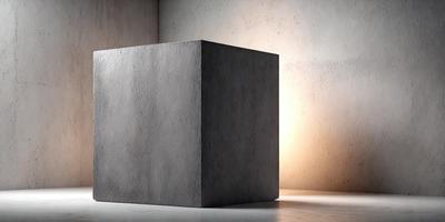 The primary subject of the image is a large, square, concrete block. The setting is a white wall, and the visual style is a photo. The colors and mood of the image are predominantly white, giving it a clean and minimalist appearance.