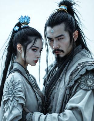The primary subject of the image is a man and a woman standing close to each other. They are both wearing long hair and are positioned in front of a white background. The man has a beard and is wearing a long robe, while the woman is wearing a long dress. The visual style of the image is a combination of photo and digital art, creating a unique and artistic representation of the man and woman. The colors and mood of the image are predominantly white, giving it a clean and serene
