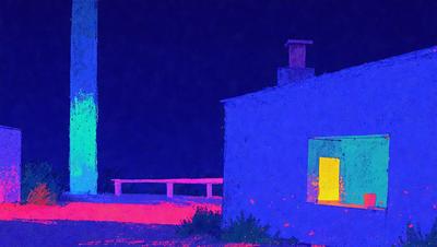 The primary subject of the image is a house with a chimney, located in a dark blue environment. The setting appears to be a nighttime scene, with the house being the main focus. The visual style of the image is a combination of photo and digital art, creating a unique and artistic representation of the house. The colors and mood of the image are predominantly dark blue, giving it a moody and mysterious atmosphere.