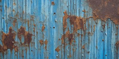 The primary subject of the image is a blue wall with rust stains and peeling paint. The setting is an outdoor environment, possibly a building or a wall. The visual style is a close-up of the rusty wall, showcasing the peeling paint and rust stains. The colors and mood of the image are dominated by the blue wall and the rusty, aged appearance of the paint and stains.