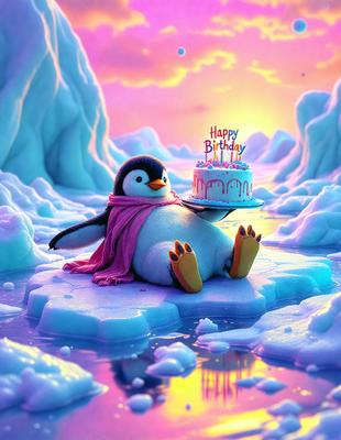 The primary subject of the image is a penguin, which is sitting on a piece of ice and holding a cake. The setting is a snowy environment, with the penguin surrounded by snow and ice. The visual style is digital art, as the penguin and the cake are both depicted in a vibrant and colorful manner. The colors and mood of the image are lively and cheerful, as the penguin is celebrating its birthday with a delicious cake.