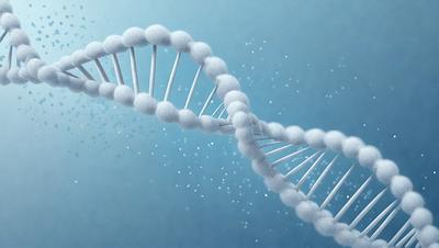 The primary subject of the image is a DNA strand, which is the main object, scene, or focus of the image. The setting or background is a blue surface, which provides a contrasting color to the DNA strand. The visual style of the image is digital art, as it is a computer-generated representation of the DNA. The colors and mood of the image are predominantly blue, which gives it a calm and serene atmosphere.