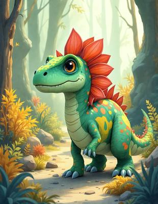Primary subject: A cartoon dinosaur with a red flower on its head.

Setting/background: A forest with trees and flowers.

Visual style: Digital art.

Colors and mood: The dinosaur is green and red, giving it a vibrant and playful appearance. The forest setting adds a sense of natural beauty and tranquility to the image.