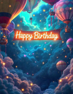 Happy Birthday: [The main object, scene, or focus of the image is a birthday banner with a cloudy background.]

Setting/background: [The environment, backdrop, or surface visible is a cloudy sky.]

Visual style: [The image is a digital art or illustration.]

Colors and mood: [The dominant colors are pink and blue, and the overall atmosphere is celebratory and joyful.]