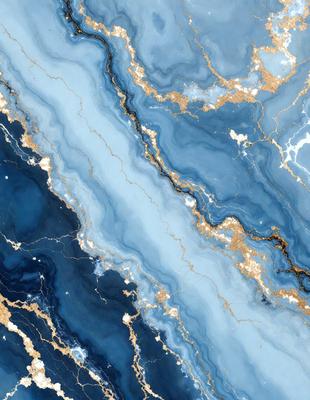 The primary subject of the image is a blue and gold marbled stone. The setting is a close-up of the stone, showcasing its intricate and colorful patterns. The visual style is a detailed and realistic representation of the stone, capturing its unique texture and design. The colors and mood of the image are predominantly blue and gold, creating a sense of elegance and sophistication.