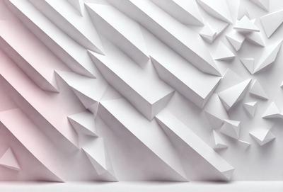 The primary subject of the image is a large white wall with a pattern of triangles. The setting is a white background, and the visual style appears to be a combination of digital art and illustration. The dominant colors are white and pink, creating a clean and elegant atmosphere.