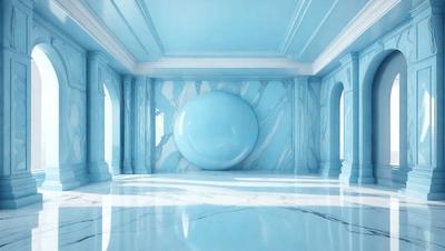 The primary subject of the image is a large blue sphere, which is the main object in the scene. The setting is a room with blue walls, and the visual style appears to be a digital art or illustration. The dominant colors in the image are blue and white, creating a calm and serene atmosphere.