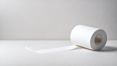 The primary subject of the image is a roll of toilet paper. The toilet paper is placed on a white surface, which could be a table or a counter. The visual style of the image is a photo, and the colors and mood are predominantly white, giving the scene a clean and simple appearance.