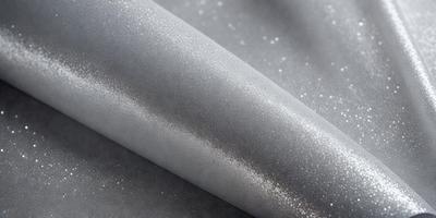 The primary subject of the image is a piece of silver fabric with a metallic sheen. The setting is a white background, which contrasts with the silver fabric. The visual style is a close-up of the fabric, showcasing its texture and shine. The colors and mood of the image are predominantly silver and white, giving it a clean and modern appearance.
