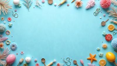 The primary subject of the image is a blue surface with various objects placed on it. The setting is a table with a blue background. The visual style is a combination of photo and digital art, creating a unique and creative scene. The colors and mood are predominantly blue, with a touch of pink, giving the image a calm and soothing atmosphere.