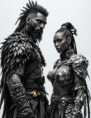 The image features a man and a woman standing next to each other, both dressed in elaborate costumes. The man is wearing a suit with a cape, while the woman is dressed in a metal-like outfit. They appear to be in a dark setting, possibly a nightclub or a themed event. The overall atmosphere of the image is mysterious and intriguing, with the costumes and the setting creating a sense of fantasy and drama.