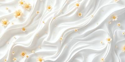 The primary subject of the image is a white sheet with yellow flowers on it. The sheet is draped over a bed, creating a cozy and inviting atmosphere. The visual style of the image is a combination of photo and digital art, as it appears to be a close-up of the sheet with the flowers, yet the flowers are also depicted in a digital art-like manner. The colors and mood of the image are predominantly white and yellow, giving it a warm and soothing feel.