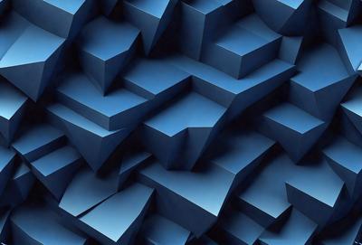 The primary subject of the image is a blue, three-dimensional pattern made up of many small blue squares. The setting is a blue background, and the visual style appears to be a digital art or illustration. The dominant colors are blue, and the overall atmosphere is a mix of modern and futuristic.