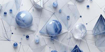 The primary subject of the image is a collection of blue glass balls, which are the main objects in the scene. The setting is a white background, which provides a clean and minimalist appearance. The visual style is a combination of digital art and illustration, as the balls are depicted in a three-dimensional manner. The colors and mood of the image are predominantly blue, creating a calm and serene atmosphere.