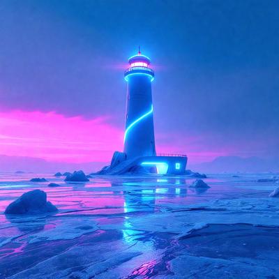 The primary subject of the image is a lighthouse, which is situated in a frozen environment. The lighthouse is lit up, creating a striking contrast against the dark, icy surroundings. The setting appears to be a frozen lake, with the lighthouse towering over the frozen landscape. The visual style of the image is a digital art or illustration, with the lighthouse and its surroundings depicted in a detailed and realistic manner. The colors and mood of the image are pre
