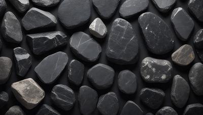 The primary subject of the image is a large collection of black rocks. The setting is a black background, which provides a stark contrast to the rocks. The visual style is a close-up of the rocks, showcasing their unique shapes and textures. The dominant colors are black, which creates a dramatic and moody atmosphere.