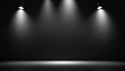 The primary subject of the image is a black background with a spotlight shining on it. The setting is a dark room, and the visual style is a black and white photo. The colors and mood of the image are predominantly dark and moody, with the spotlight providing a contrasting element.