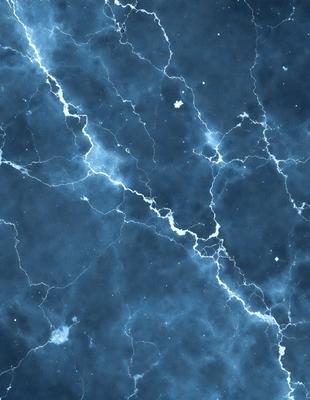 The primary subject of the image is a blue marble wall with a pattern of white streaks. The setting is a dark room, and the visual style appears to be a photo. The dominant colors are blue and white, creating a calm and serene atmosphere.