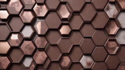 The primary subject of the image is a wall with a unique pattern made of hexagonal shapes. The setting is indoors, and the visual style appears to be a combination of photo and digital art. The dominant colors are brown and gold, creating a warm and earthy atmosphere.