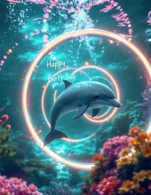 The primary subject of the image is a dolphin, which is the main focus of the scene. The dolphin is swimming in a blue ocean, surrounded by a variety of colorful flowers. The setting appears to be a vibrant and lively underwater environment. The visual style of the image is a combination of photo and digital art, creating a unique and captivating scene. The colors and mood of the image are bright, cheerful, and lively, reflecting the joyful atmosphere of a birthday