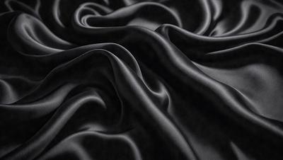 The primary subject of the image is a close-up of a black fabric, possibly a piece of clothing or a curtain. The setting is a dark room, and the visual style appears to be a photo. The dominant colors are black, and the overall atmosphere is mysterious and dramatic.