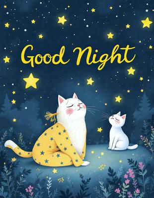 The primary subject of the image is a cat and a kitten sitting together in a nighttime setting. The cat is wearing a yellow outfit, and the kitten is sitting next to it. The setting appears to be a forest, with a starry night sky visible in the background. The visual style of the image is a digital art illustration, creating a warm and cozy atmosphere. The dominant colors in the image are yellow, white, and various shades of blue and purple from the night sky and the cat's