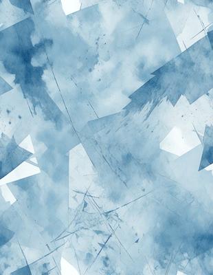 The primary subject of the image is a blue and white painting or digital artwork. The setting is a cloudy sky, and the visual style is a mix of photo and digital art. The dominant colors are blue and white, creating a calm and serene atmosphere.