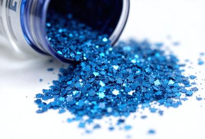 The primary subject of the image is a container filled with blue glitter. The setting is a white background, and the visual style appears to be a close-up of the glitter. The dominant colors are blue and white, creating a calm and serene atmosphere.