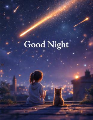 Primary subject: A girl and a cat sitting together.

Setting/background: The scene takes place at night, with a beautiful view of the stars in the background.

Visual style: The image is a digital artwork, featuring a girl and a cat sitting together on a bench.

Colors and mood: The image has a serene and peaceful atmosphere, with the girl and the cat sitting under the night sky, surrounded by the twinkling stars.