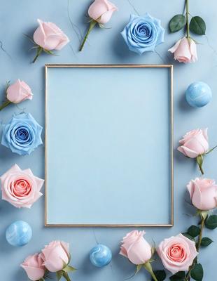 The primary subject of the image is a blue picture frame with a blank canvas. The setting is a blue background, and the visual style is a photo. The colors and mood of the image are predominantly blue, creating a calm and serene atmosphere.