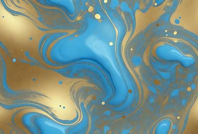 The primary subject of the image is a blue and gold swirling pattern, which appears to be a painting or a digital artwork. The setting is a blue and gold background, which complements the swirling pattern. The visual style is a mix of digital art and painting, creating a unique and eye-catching design. The colors and mood of the image are predominantly blue and gold, giving it a warm and vibrant atmosphere.