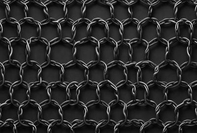 The primary subject of the image is a chain link pattern, which is a black metal chain. The setting is a black background, and the visual style is a close-up of the chain link pattern. The dominant colors are black, and the overall atmosphere is dark and mysterious.
