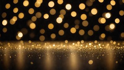 The primary subject of the image is a close-up of a shiny surface, possibly a table or a mirror, with a pattern of lights on it. The setting appears to be a dark room, and the visual style is a combination of a photo and a digital art. The colors and mood of the image are predominantly dark, with the lights creating a contrasting and visually appealing effect.