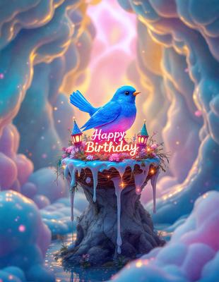 The primary subject of the image is a blue bird sitting on a cake. The bird is perched on top of the cake, which is placed on a table. The setting appears to be a whimsical and imaginative environment, possibly a fantasy world. The visual style of the image is digital art, as it is a well-crafted and detailed illustration. The colors and mood of the image are vibrant and cheerful, with the blue bird and cake being the main focus of the scene.