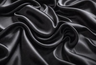 The primary subject of the image is a close-up of a black fabric, possibly a piece of clothing or a curtain. The setting is a dark background, which emphasizes the fabric's texture and appearance. The visual style is a close-up, focusing on the details of the fabric. The colors and mood of the image are predominantly dark, with the black fabric being the main focus.