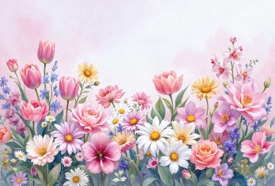 The primary subject of the image is a beautiful and colorful flower garden. The garden is filled with a variety of flowers, including pink, white, and yellow blooms. The setting is a cloudy sky, which adds a serene and peaceful atmosphere to the scene. The visual style of the image is a painting, which showcases the artist's skill in capturing the beauty of the flowers and their surroundings. The colors and mood of the painting are vibrant and uplifting, making it a delight