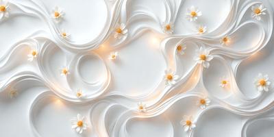 The primary subject of the image is a white wall with a pattern of white flowers. The setting is a room with a white background, and the visual style appears to be a combination of digital art and illustration. The dominant colors are white and yellow, creating a clean and bright atmosphere.