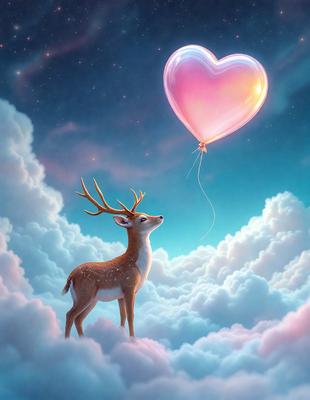 Primary subject: A deer with antlers, looking up at a pink heart-shaped balloon.

Setting/background: The deer is standing on a cloud, with a blue sky in the background.

Visual style: The image is a digital artwork.

Colors and mood: The colors are predominantly pink and blue, creating a whimsical and playful atmosphere.