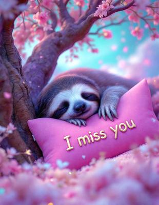 The primary subject of the image is a cute, sleepy sloth resting on a pink pillow. The setting is a tree with pink flowers, creating a serene and peaceful atmosphere. The visual style is a digital art, illustration, or drawing, with the sloth and the pink pillow being the main focus of the image. The colors and mood are predominantly pink, which adds a sense of warmth and comfort to the scene.
