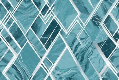 The primary subject of the image is a blue and white patterned tile. The setting is a bathroom, as the tiles are placed on the walls and floor. The visual style is a combination of digital art and illustration, creating a unique and artistic design. The dominant colors are blue and white, giving the space a clean and modern appearance.