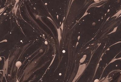 The primary subject of the image is a close-up of a painting or drawing featuring a swirling pattern of dark and light colors. The setting is a brown surface, possibly a table or a wall. The visual style appears to be a combination of digital art and illustration, with the swirling pattern resembling a painting or drawing. The colors and mood of the image are predominantly dark and moody, with the swirling pattern creating a sense of depth and intrigue.