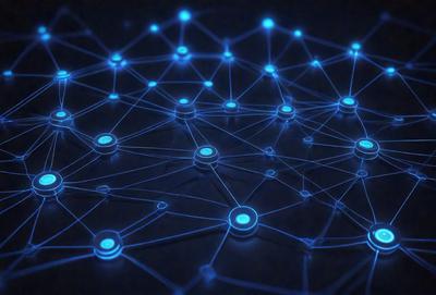 The primary subject of the image is a blue network of interconnected lines, which could be described as a blue mesh or a blue web. The setting is a dark background, which contrasts with the bright blue lines. The visual style appears to be a digital art or illustration, as the lines are intricately connected and the overall composition is complex. The colors and mood of the image are predominantly blue, creating a sense of depth and complexity.