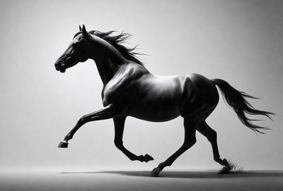 Primary subject: A horse running in a white room.

Setting/background: The horse is running on a white surface, which could be a wall or a floor.

Visual style: The image is a black and white photo, giving it a classic and timeless appearance.

Colors and mood: The black and white photo creates a sense of drama and intensity, as the horse's movement is accentuated by the absence of color.