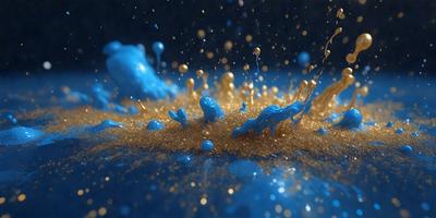 The primary subject of the image is a blue background with gold and yellow splashes of paint, creating a visually striking scene. The setting appears to be a painting or artwork, with the gold and yellow splashes adding a sense of depth and vibrancy to the blue background. The visual style of the image is likely a painting or digital art, as it showcases a creative and artistic approach to the composition. The colors and mood of the image are lively and energetic, with the gold and