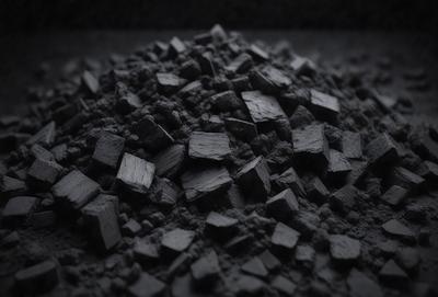 The primary subject of the image is a pile of black rocks. The setting is a dark room, and the visual style appears to be a photo. The dominant colors are black and grey, creating a moody atmosphere.