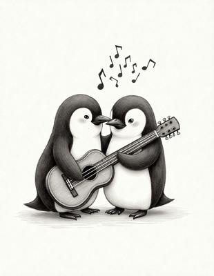 The image features two penguins standing next to each other, each holding a guitar. The penguins are positioned in such a way that they appear to be playing the guitars together. The scene is set in a white background, which provides a clean and simple backdrop for the penguins and their guitars. The visual style of the image is a combination of digital art and illustration, creating a unique and playful scene. The colors and mood of the image are predominantly black and white, giving