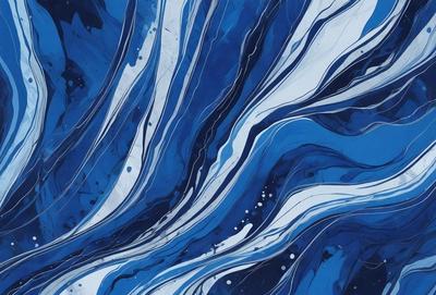 The primary subject of the image is a blue and white painting of a wave. The setting is a blue background, and the visual style appears to be a digital art or illustration. The dominant colors are blue and white, creating a calm and serene atmosphere.